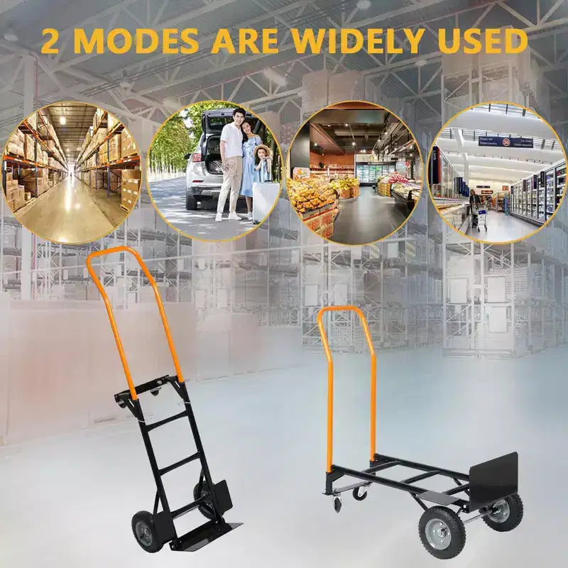 Chariot plateforme industriel 2-en-1 COZONY, diable robuste avec poignée télescopique et roues pivotantes verrouillables pour entrepôt et déménagement