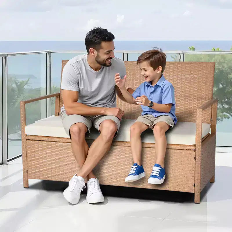Banc de rangement extérieur VEVOR, banc de rangement en rotin PE 2 personnes, coffre de pont de 265 L avec coussin, supporte jusqu'à 120 kg, marron