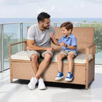 Banc de rangement extérieur VEVOR, banc de rangement en rotin PE 2 personnes, coffre de pont de 265 L avec coussin, supporte jusqu'à 120 kg, marron