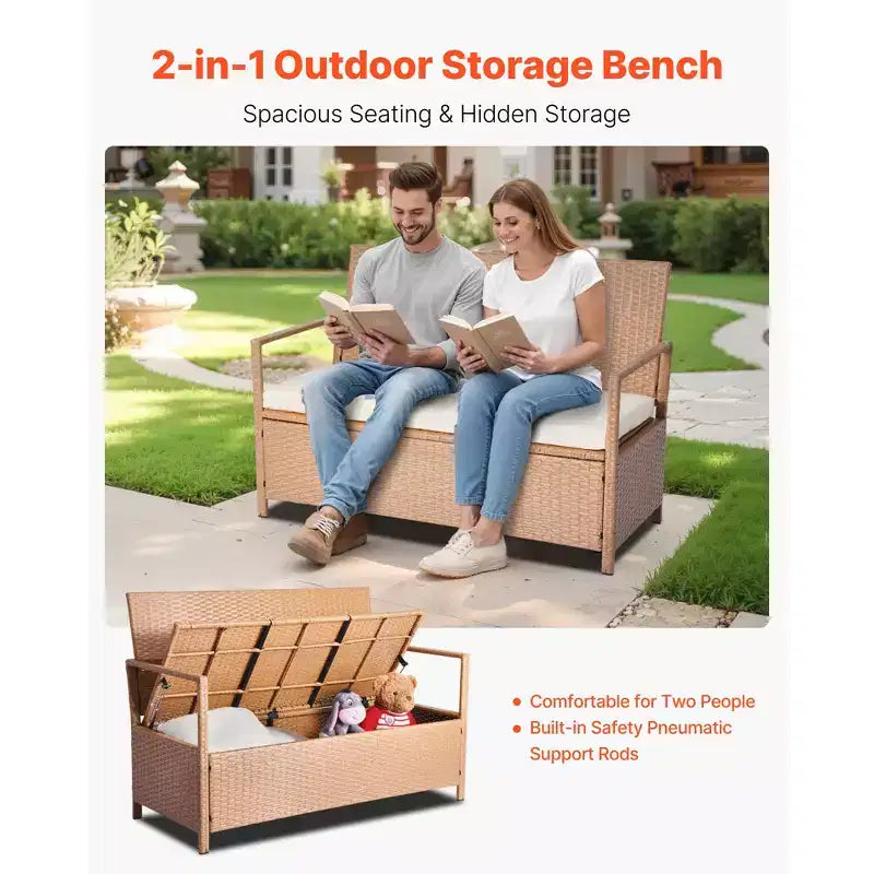 Banc de rangement extérieur VEVOR, banc de rangement en rotin PE 2 personnes, coffre de pont de 265 L avec coussin, supporte jusqu'à 120 kg, marron