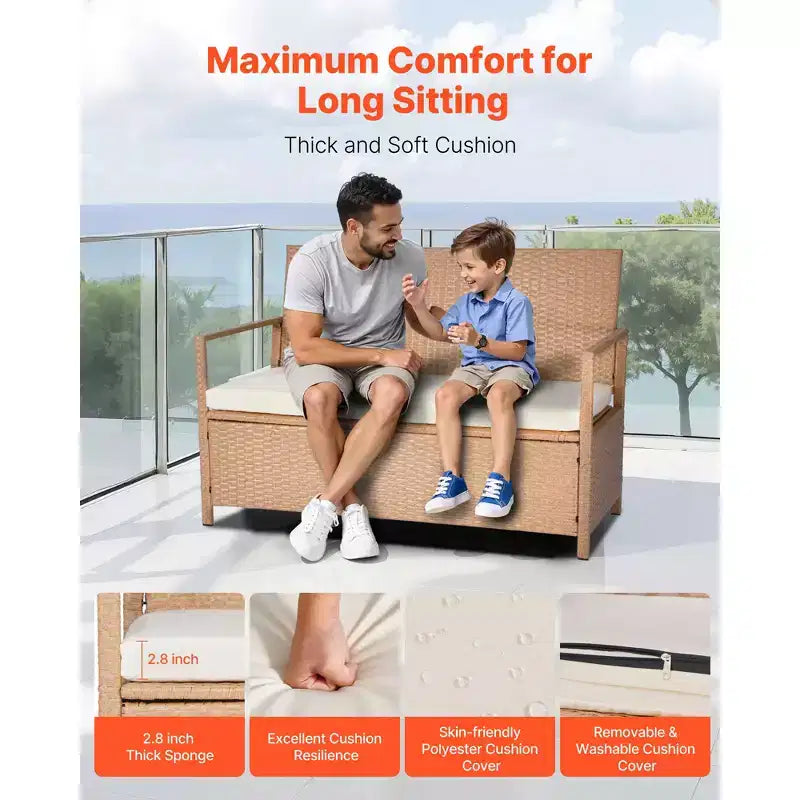 Banc de rangement extérieur VEVOR, banc de rangement en rotin PE 2 personnes, coffre de pont de 265 L avec coussin, supporte jusqu'à 120 kg, marron