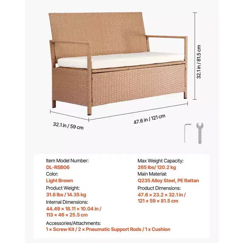 Banc de rangement extérieur VEVOR, banc de rangement en rotin PE 2 personnes, coffre de pont de 265 L avec coussin, supporte jusqu'à 120 kg, marron