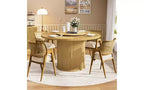 JVNOXK 55-inch round dining table seats six, featuring a double-tiered storage rack and rotating tabletop tray. Wave stripe pattern. Natural wood