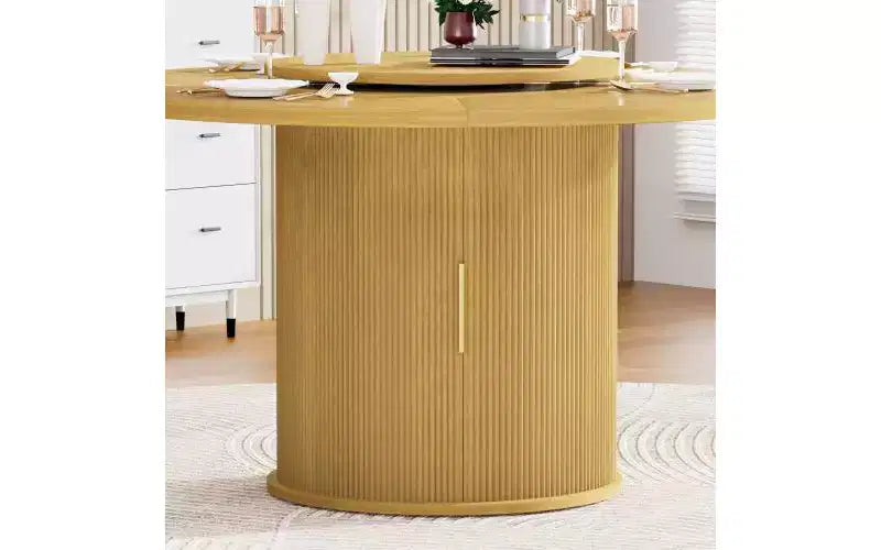 JVNOXK Table à manger ronde de 55 pouces pour six personnes, avec étagère de rangement à deux niveaux et plateau de table rotatif. Motif à rayures ondulées. Bois naturel