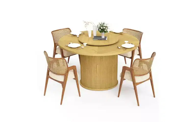 JVNOXK Table à manger ronde de 55 pouces pour six personnes, avec étagère de rangement à deux niveaux et plateau de table rotatif. Motif à rayures ondulées. Bois naturel