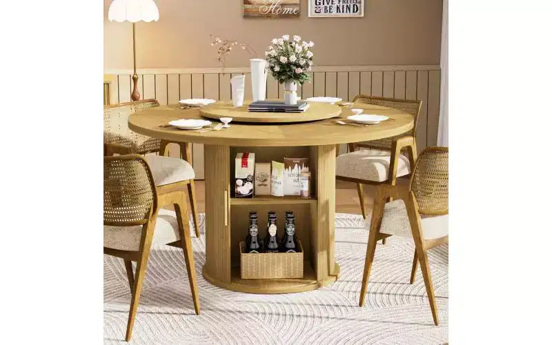 JVNOXK Table à manger ronde de 55 pouces pour six personnes, avec étagère de rangement à deux niveaux et plateau de table rotatif. Motif à rayures ondulées. Bois naturel