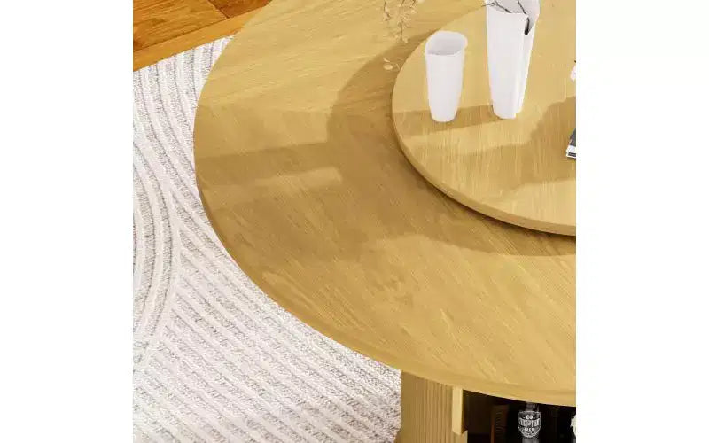 JVNOXK Table à manger ronde de 55 pouces pour six personnes, avec étagère de rangement à deux niveaux et plateau de table rotatif. Motif à rayures ondulées. Bois naturel