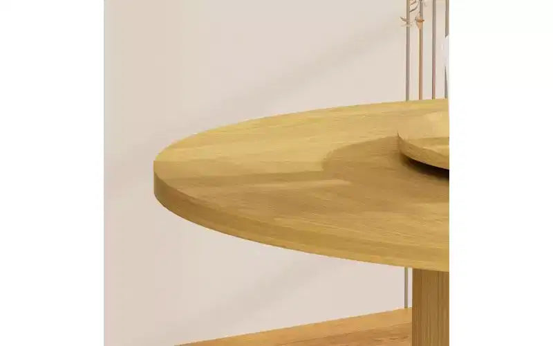 JVNOXK Table à manger ronde de 55 pouces pour six personnes, avec étagère de rangement à deux niveaux et plateau de table rotatif. Motif à rayures ondulées. Bois naturel
