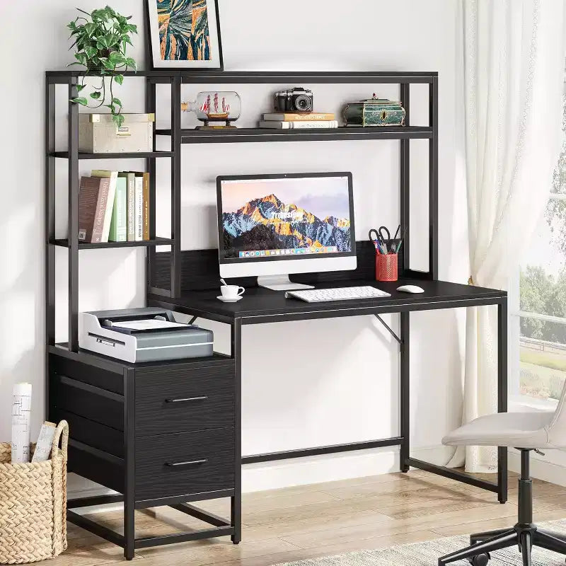 Lantine 55-Inch Computer Desk with 2 Drawers and Storage Shelves, Rustic Office Desk with Hutch for Home Office, Black Workstation