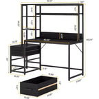 Bureau d'ordinateur Lantine de 55 pouces avec 2 tiroirs et étagères de rangement, bureau rustique avec huche pour le bureau à domicile, poste de travail noir