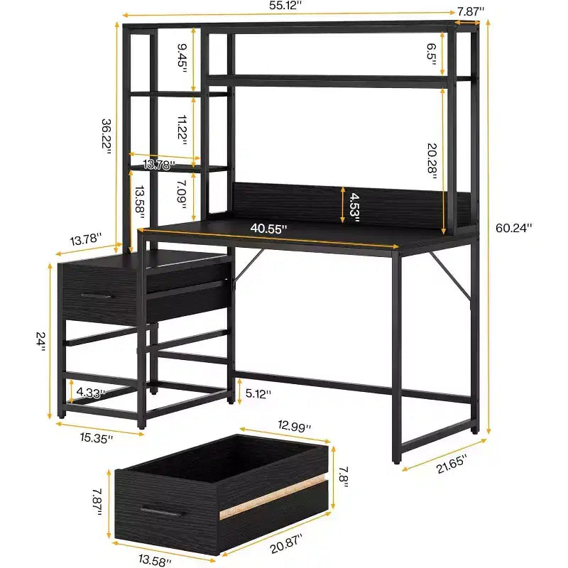 Bureau d'ordinateur Lantine de 55 pouces avec 2 tiroirs et étagères de rangement, bureau rustique avec huche pour le bureau à domicile, poste de travail noir