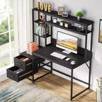 Bureau d'ordinateur Lantine de 55 pouces avec 2 tiroirs et étagères de rangement, bureau rustique avec huche pour le bureau à domicile, poste de travail noir