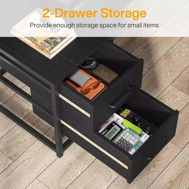 Bureau d'ordinateur Lantine de 55 pouces avec 2 tiroirs et étagères de rangement, bureau rustique avec huche pour le bureau à domicile, poste de travail noir