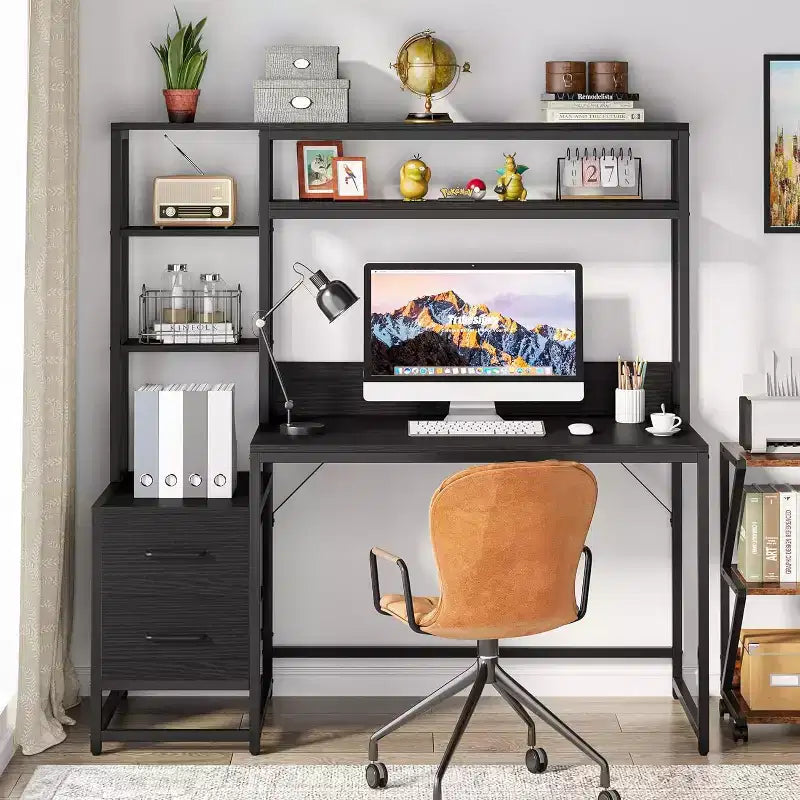 Bureau d'ordinateur Lantine de 55 pouces avec 2 tiroirs et étagères de rangement, bureau rustique avec huche pour le bureau à domicile, poste de travail noir