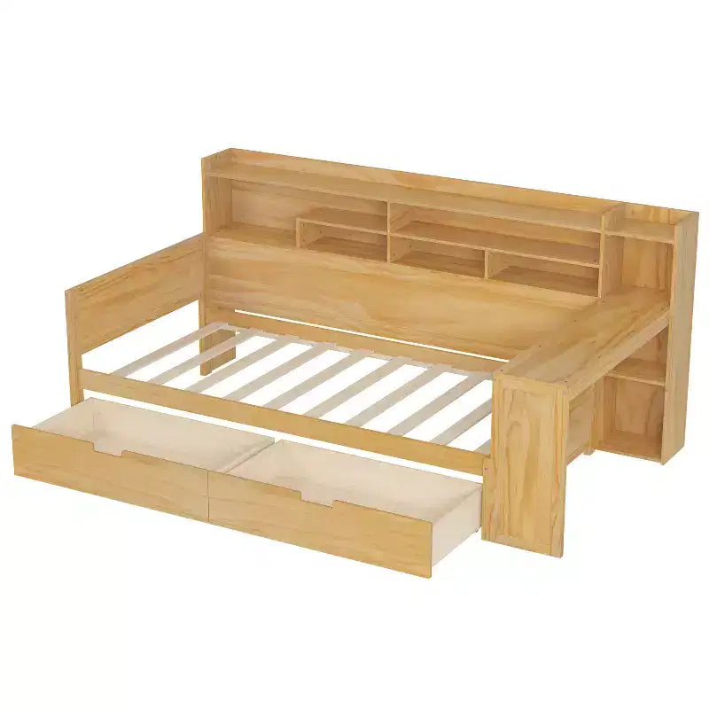 Lit de repos en bois Bellemave avec étagères de rangement, 2 tiroirs et bureau intégré, lit multifonctionnel peu encombrant, taille jumeau/double, naturel ou blanc antique.