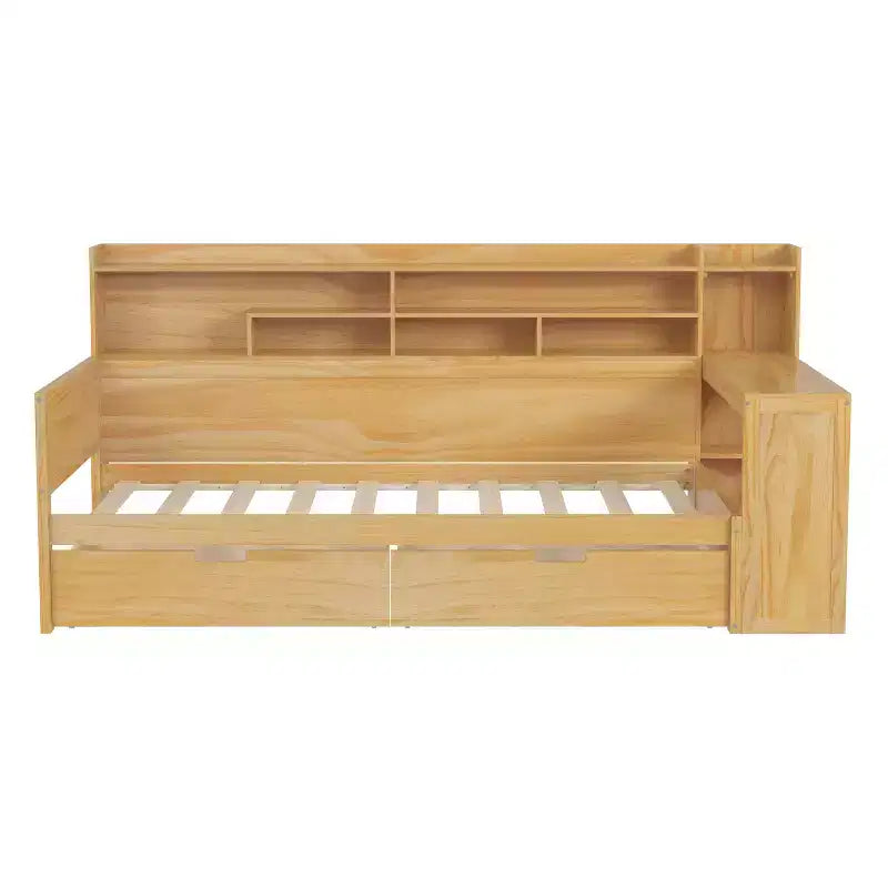 Lit de repos en bois Bellemave avec étagères de rangement, 2 tiroirs et bureau intégré, lit multifonctionnel peu encombrant, taille jumeau/double, naturel ou blanc antique.