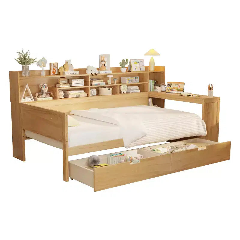 Lit de repos en bois Bellemave avec étagères de rangement, 2 tiroirs et bureau intégré, lit multifonctionnel peu encombrant, taille jumeau/double, naturel ou blanc antique.