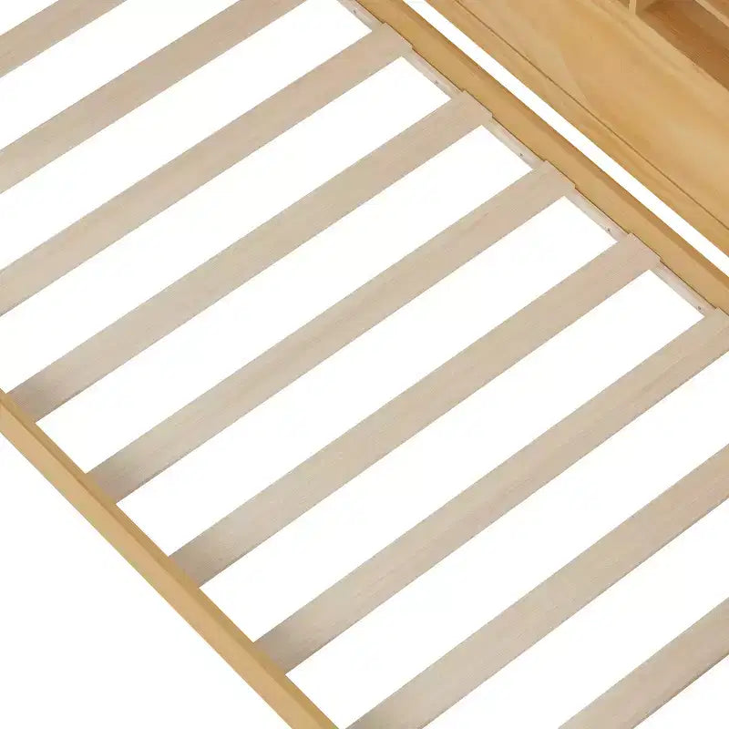 Lit de repos en bois Bellemave avec étagères de rangement, 2 tiroirs et bureau intégré, lit multifonctionnel peu encombrant, taille jumeau/double, naturel ou blanc antique.