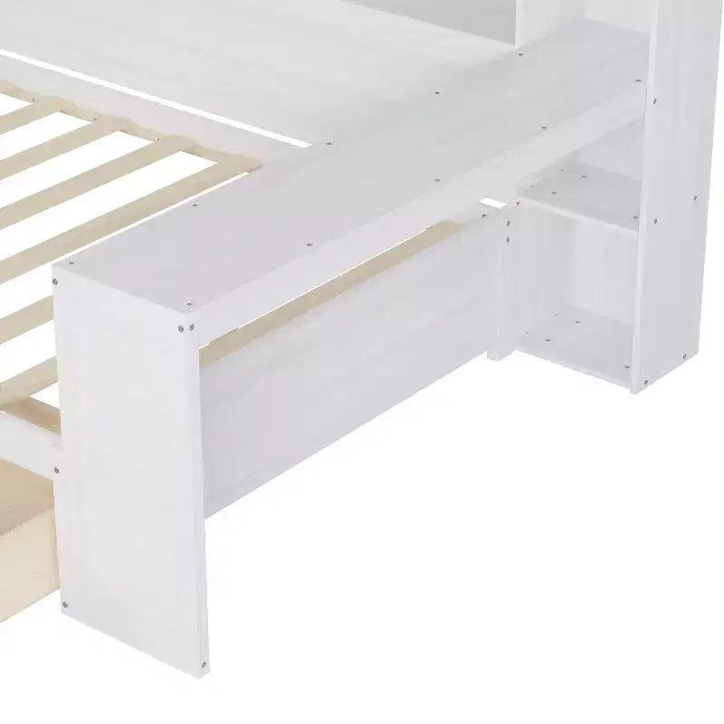 Lit de repos en bois Bellemave avec étagères de rangement, 2 tiroirs et bureau intégré, lit multifonctionnel peu encombrant, taille jumeau/double, naturel ou blanc antique.