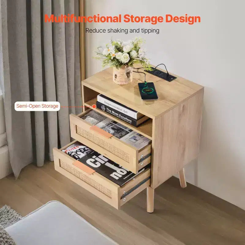 Table de chevet en rotin avec station de recharge intégrée, table de chevet bohème avec 2 tiroirs, étagère ouverte, pieds en bois de pin massif, 2 prises CA et 3 ports USB