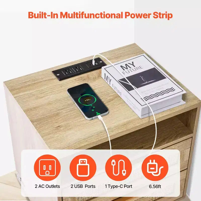 Table de chevet en rotin avec station de recharge intégrée, table de chevet bohème avec 2 tiroirs, étagère ouverte, pieds en bois de pin massif, 2 prises CA et 3 ports USB