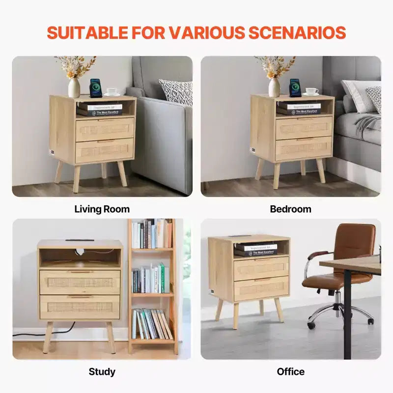Table de chevet en rotin avec station de recharge intégrée, table de chevet bohème avec 2 tiroirs, étagère ouverte, pieds en bois de pin massif, 2 prises CA et 3 ports USB