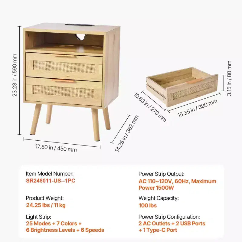 Table de chevet en rotin avec station de recharge intégrée, table de chevet bohème avec 2 tiroirs, étagère ouverte, pieds en bois de pin massif, 2 prises CA et 3 ports USB