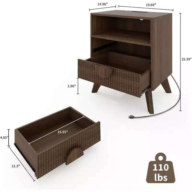 DobleePy Lot de 2 tables de chevet modernes cannelées, pieds inclinés et poignées rondes en bois, 2 tiroirs, table d'appoint pour chambre et salon