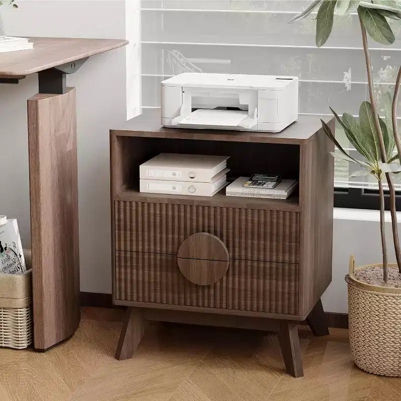 DobleePy Lot de 2 tables de chevet modernes cannelées, pieds inclinés et poignées rondes en bois, 2 tiroirs, table d'appoint pour chambre et salon