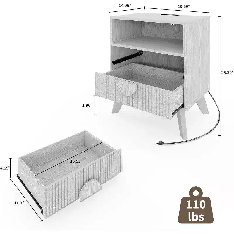 DobleePy Lot de 2 tables de chevet modernes cannelées, pieds inclinés et poignées rondes en bois, 2 tiroirs, table d'appoint pour chambre et salon