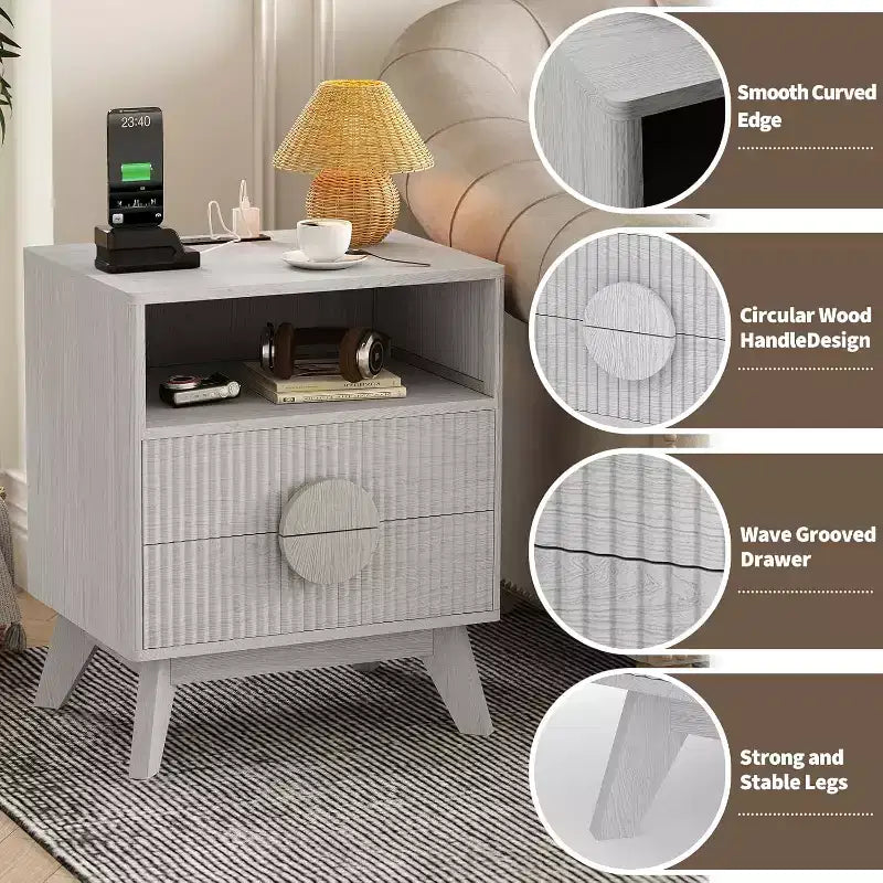 DobleePy Lot de 2 tables de chevet modernes cannelées, pieds inclinés et poignées rondes en bois, 2 tiroirs, table d'appoint pour chambre et salon