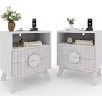 DobleePy Lot de 2 tables de chevet modernes cannelées, pieds inclinés et poignées rondes en bois, 2 tiroirs, table d'appoint pour chambre et salon