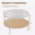 Table basse ronde en rotin de 30 po avec rangement, table basse circulaire à 2 niveaux en verre ondulé pour salon, petite table d'appoint circulaire moderne noire et or