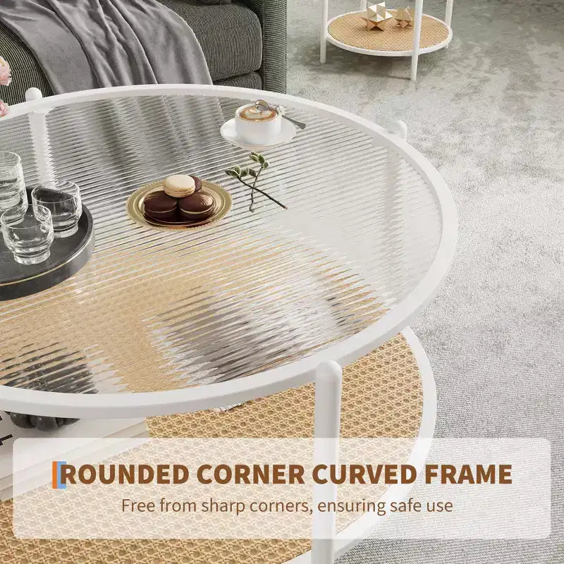 Table basse ronde en rotin de 30 po avec rangement, table basse circulaire à 2 niveaux en verre ondulé pour salon, petite table d'appoint circulaire moderne noire et or