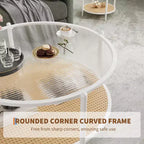 Table basse ronde en rotin de 30 po avec rangement, table basse circulaire à 2 niveaux en verre ondulé pour salon, petite table d'appoint circulaire moderne noire et or