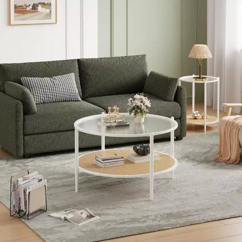 Table basse ronde en rotin de 30 po avec rangement, table basse circulaire à 2 niveaux en verre ondulé pour salon, petite table d'appoint circulaire moderne noire et or