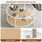 Table basse ronde en rotin de 30 po avec rangement, table basse circulaire à 2 niveaux en verre ondulé pour salon, petite table d'appoint circulaire moderne noire et or