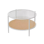 Table basse ronde en rotin de 30 po avec rangement, table basse circulaire à 2 niveaux en verre ondulé pour salon, petite table d'appoint circulaire moderne noire et or