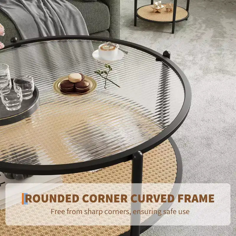 Table basse ronde en rotin de 30 po avec rangement, table basse circulaire à 2 niveaux en verre ondulé pour salon, petite table d'appoint circulaire moderne noire et or