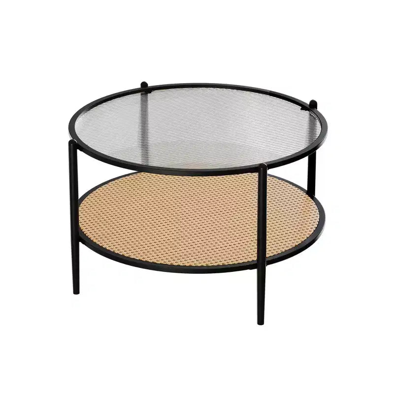 Table basse ronde en rotin de 30 po avec rangement, table basse circulaire à 2 niveaux en verre ondulé pour salon, petite table d'appoint circulaire moderne noire et or