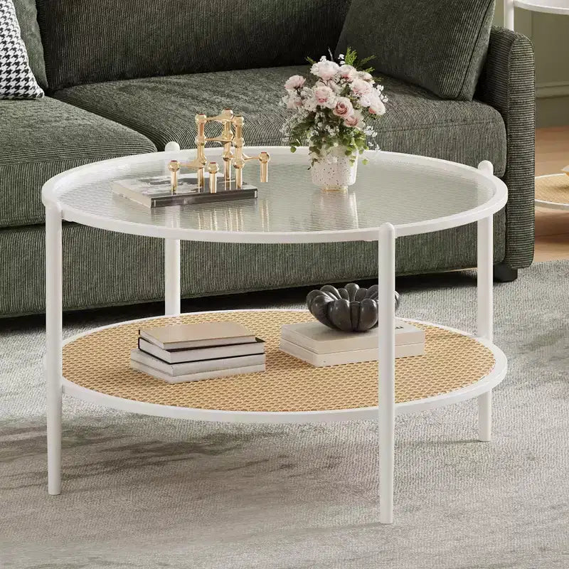 Table basse ronde en rotin de 30 po avec rangement, table basse circulaire à 2 niveaux en verre ondulé pour salon, petite table d'appoint circulaire moderne noire et or