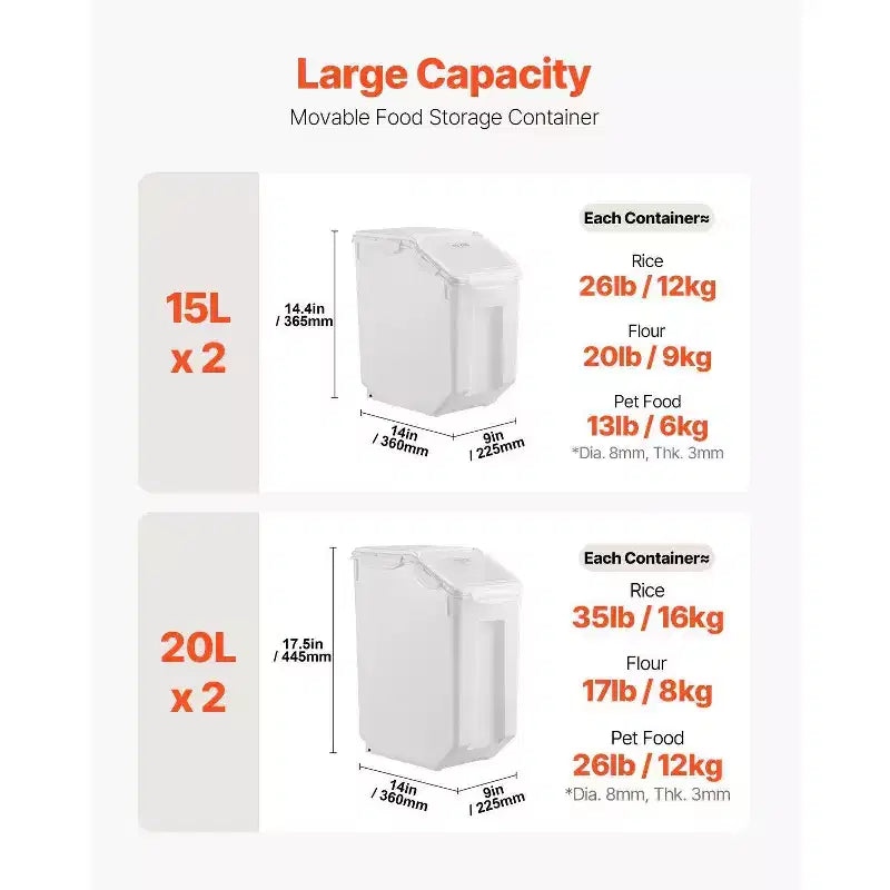 VIYET Lot de 4 boîtes de conservation alimentaire, 15 L (3,5 gal) x 2 + 20 L (4,5 gal) x 2, couvercle hermétique, 4 tasses, roulettes pour riz, céréales pour animaux de compagnie, ingrédients de cuisine, blanc