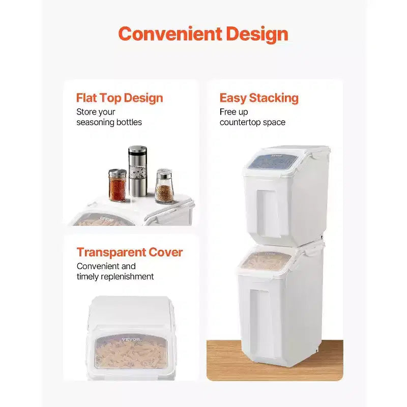 VIYET Lot de 4 boîtes de conservation alimentaire, 15 L (3,5 gal) x 2 + 20 L (4,5 gal) x 2, couvercle hermétique, 4 tasses, roulettes pour riz, céréales pour animaux de compagnie, ingrédients de cuisine, blanc