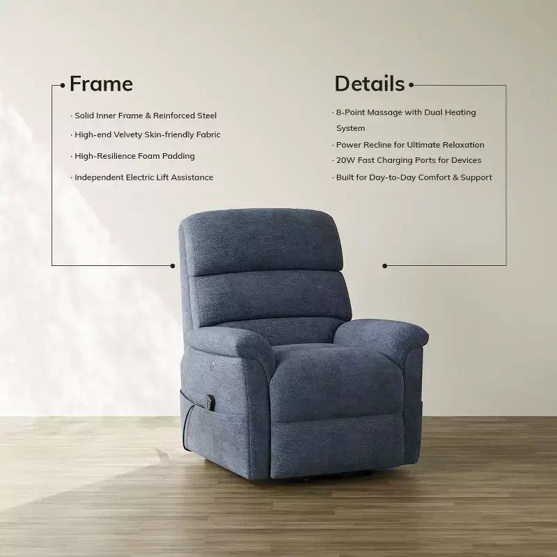 Fauteuil inclinable électrique avec massage, chauffage bi-zone et assistance au levage, dossier réglable, tissu velours pour salon, bureau