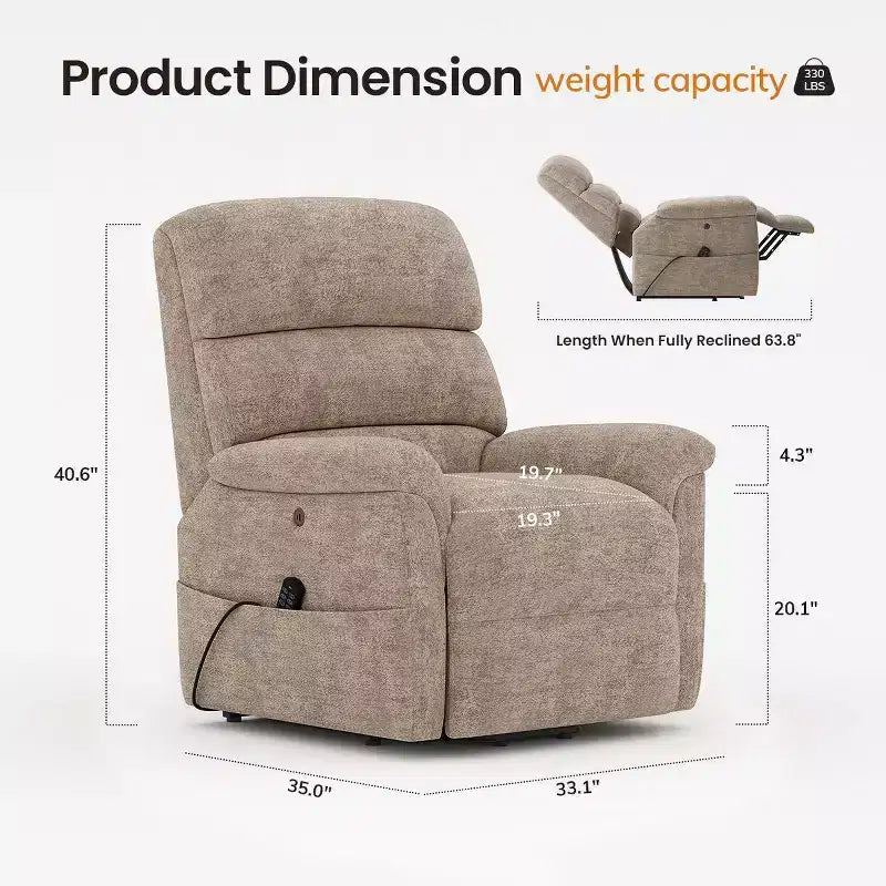 Fauteuil inclinable électrique avec massage, chauffage bi-zone et assistance au levage, dossier réglable, tissu velours pour salon, bureau