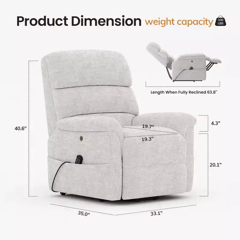 Fauteuil inclinable électrique avec massage, chauffage bi-zone et assistance au levage, dossier réglable, tissu velours pour salon, bureau