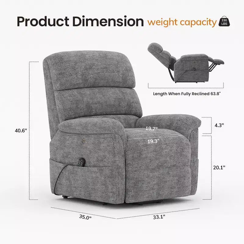 Fauteuil inclinable électrique avec massage, chauffage bi-zone et assistance au levage, dossier réglable, tissu velours pour salon, bureau