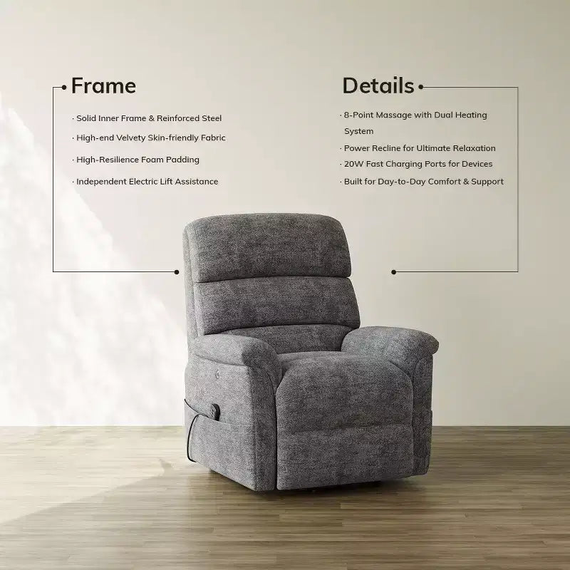 Fauteuil inclinable électrique avec massage, chauffage bi-zone et assistance au levage, dossier réglable, tissu velours pour salon, bureau