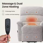 Fauteuil inclinable électrique avec massage, chauffage bi-zone et assistance au levage, dossier réglable, tissu velours pour salon, bureau