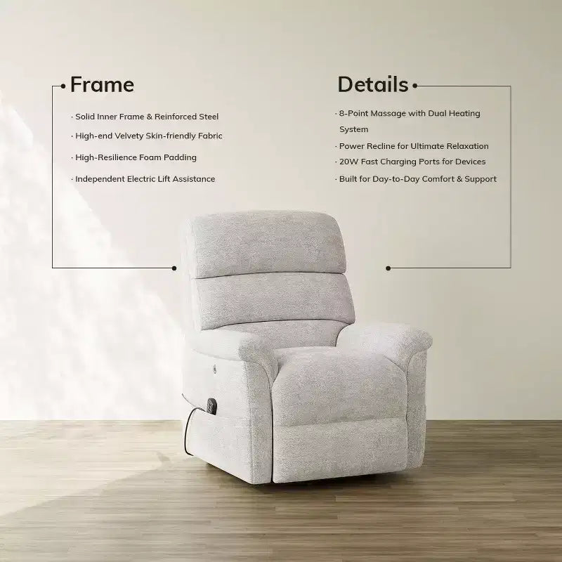 Fauteuil inclinable électrique avec massage, chauffage bi-zone et assistance au levage, dossier réglable, tissu velours pour salon, bureau